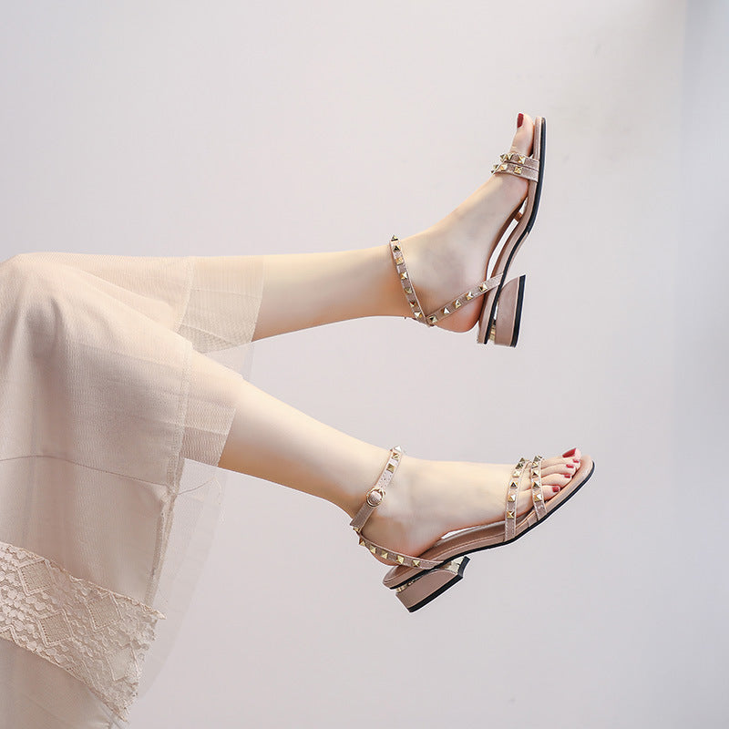 Women's Roman Rivet Chunky Summer Low Strap Fairy Heels