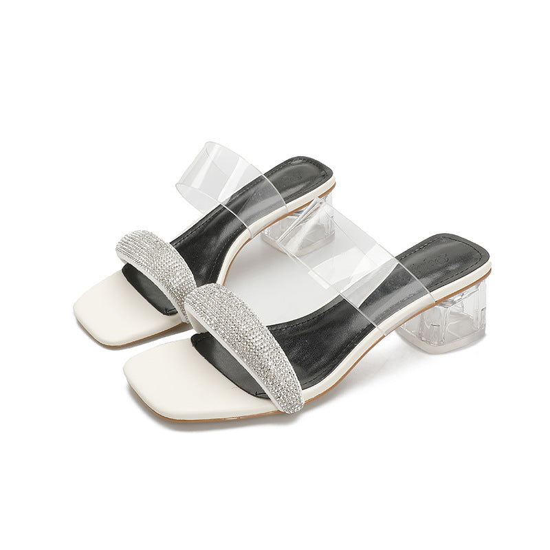 Women's Rhinestone Strap Korean Style Square Toe Heels