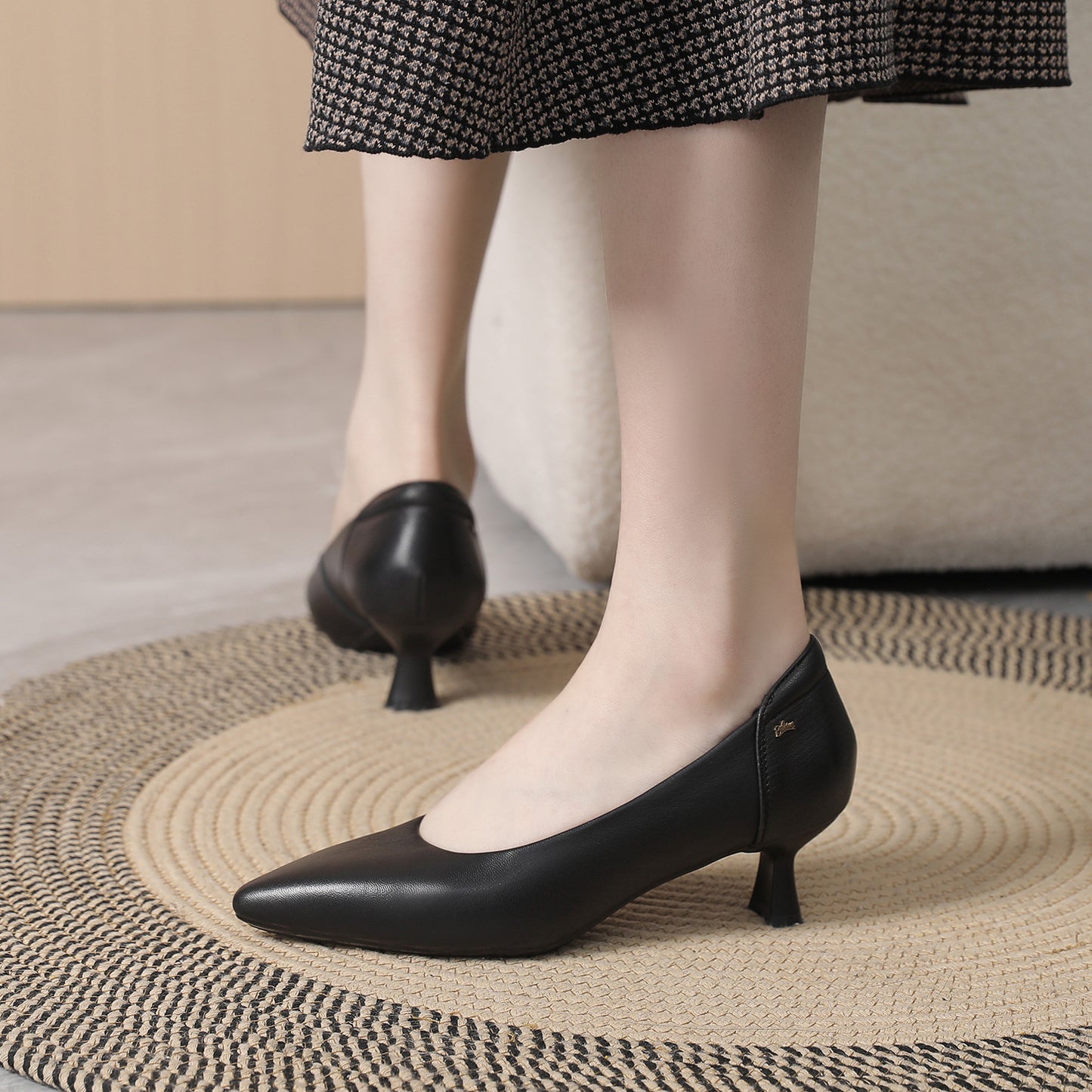 Women's Spring High Pumps Low-cut Authentic Low Workplace Simple Sheepskin Women's Shoes