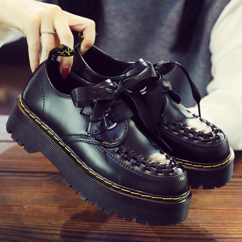 Women's Woven Thick Sole Increased Genuine Muffin Leather Shoes