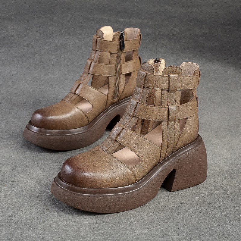 Women's Hole Hollow Side Zipper Top Layer Cowhide Round Heels