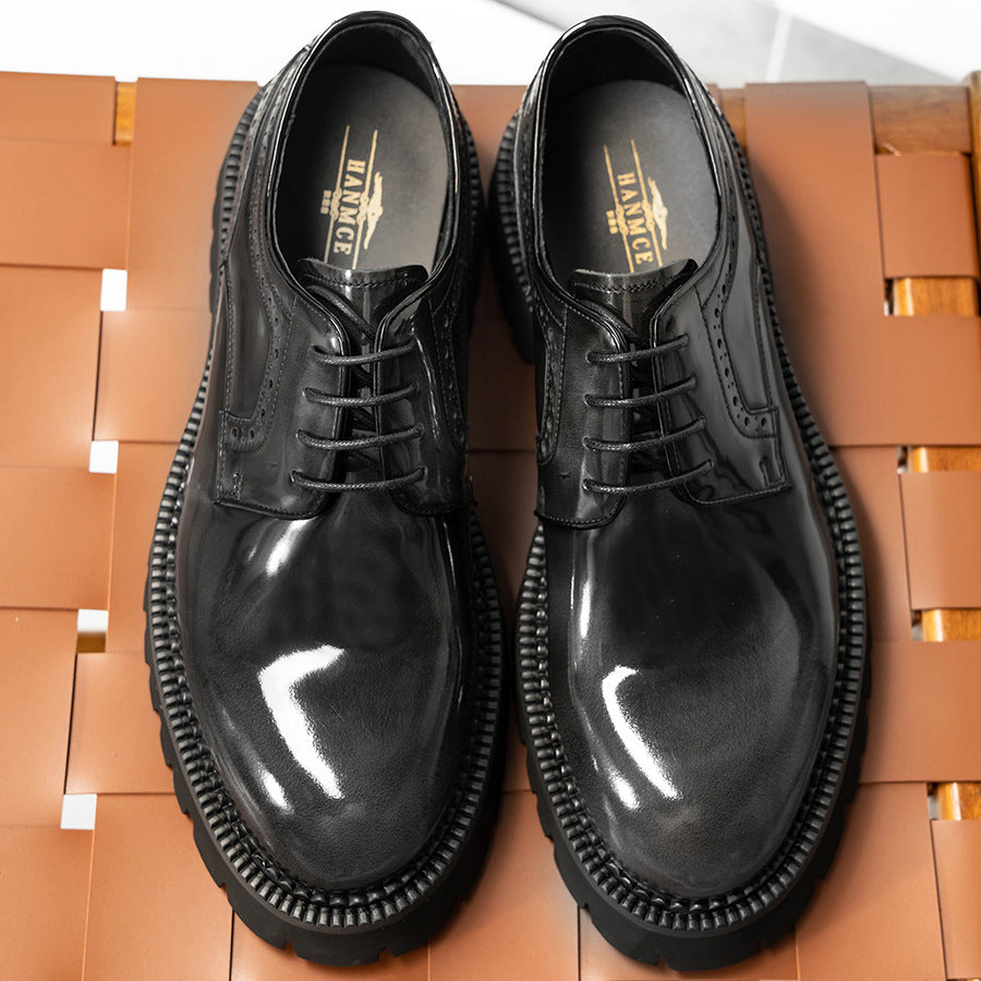 Men's Korean Big Head Round British Platform Patent Suit Leather Shoes