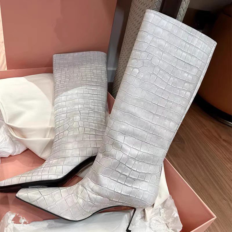 Square Toe High White Knight Crocodile Boots