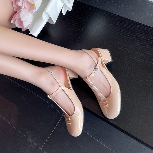 Women's Chunky Summer Patent Buckle Closed Toe Mary Heels
