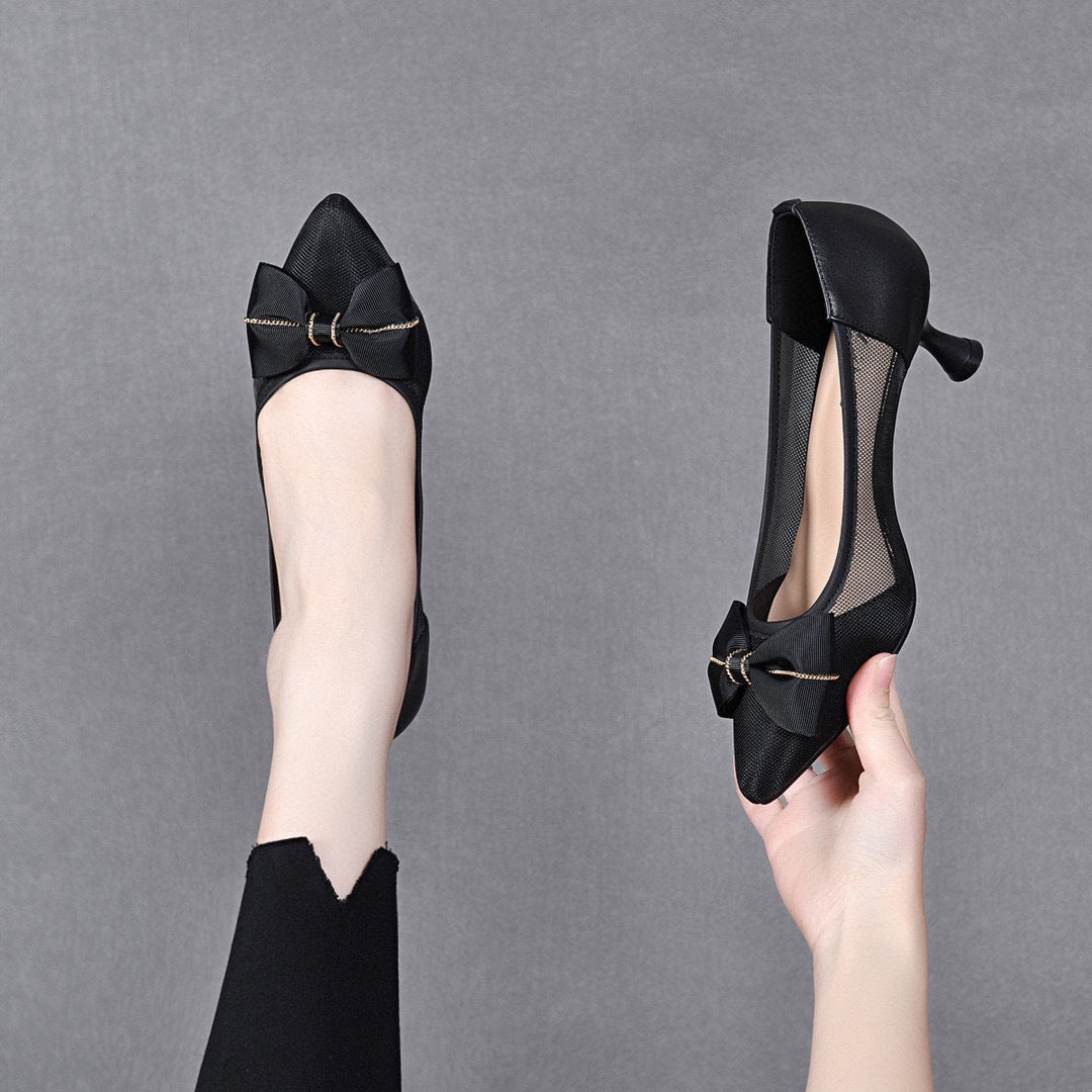 Women's High Bow Mesh Top Layer Cowhide Heels