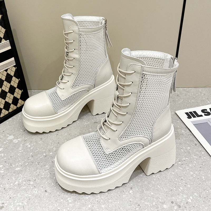 Women's Cowhide Platform Mesh Hollow Martin Small Boots