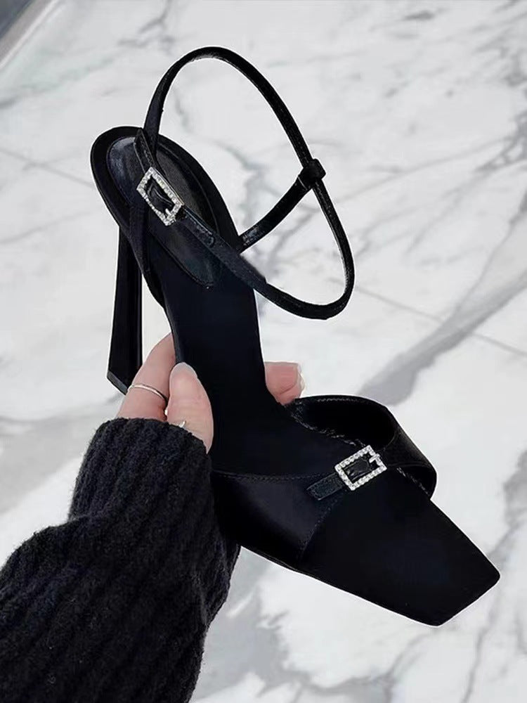 Women's Sexy Temperament High Summer Black Satin Heels