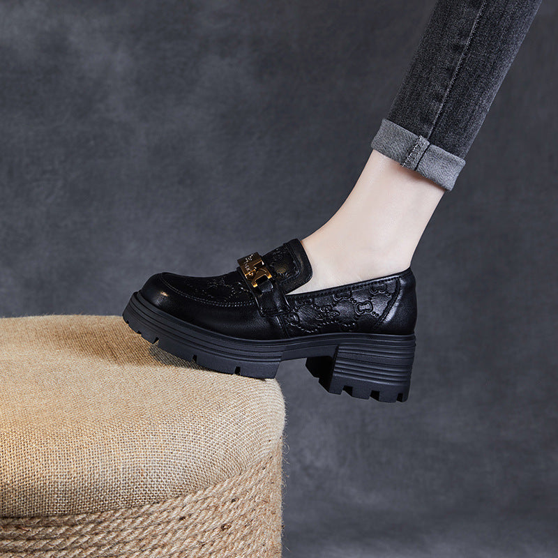 Women's First Layer Cowhide Black Embossed Thick-soled Loafers