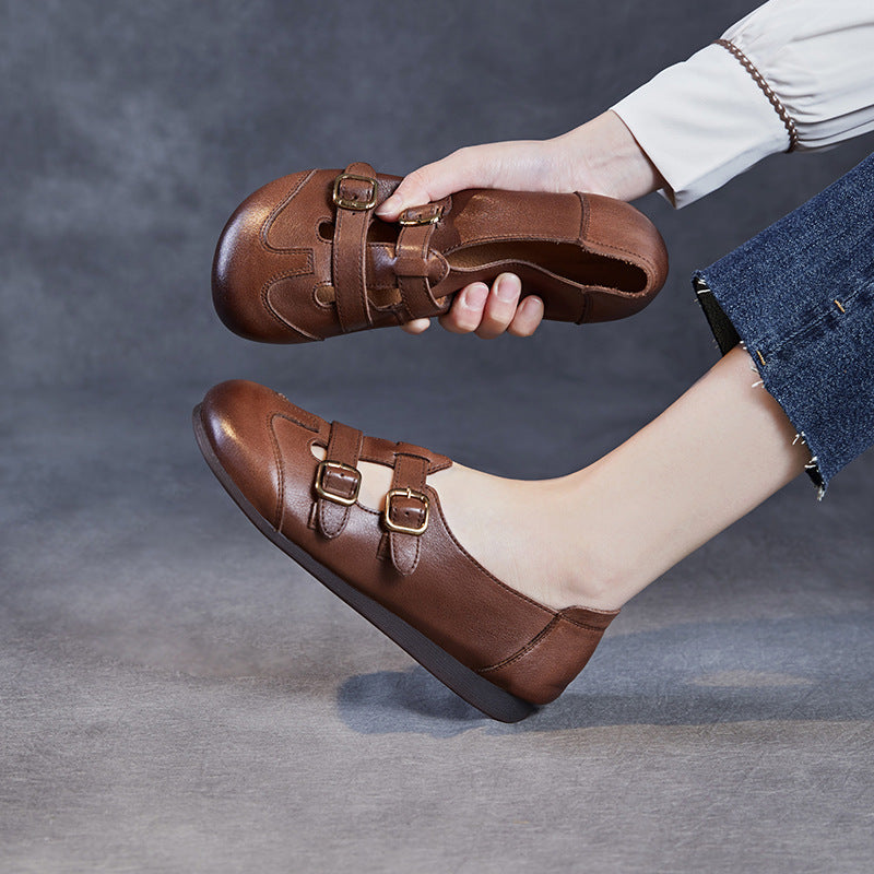 Women's Natural Color Genuine Mary Jane Flat Round Toe Casual Shoes
