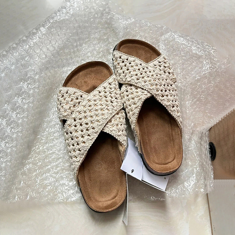 Women's Cowhide Version Cross Strap Knitted Outdoor Slippers