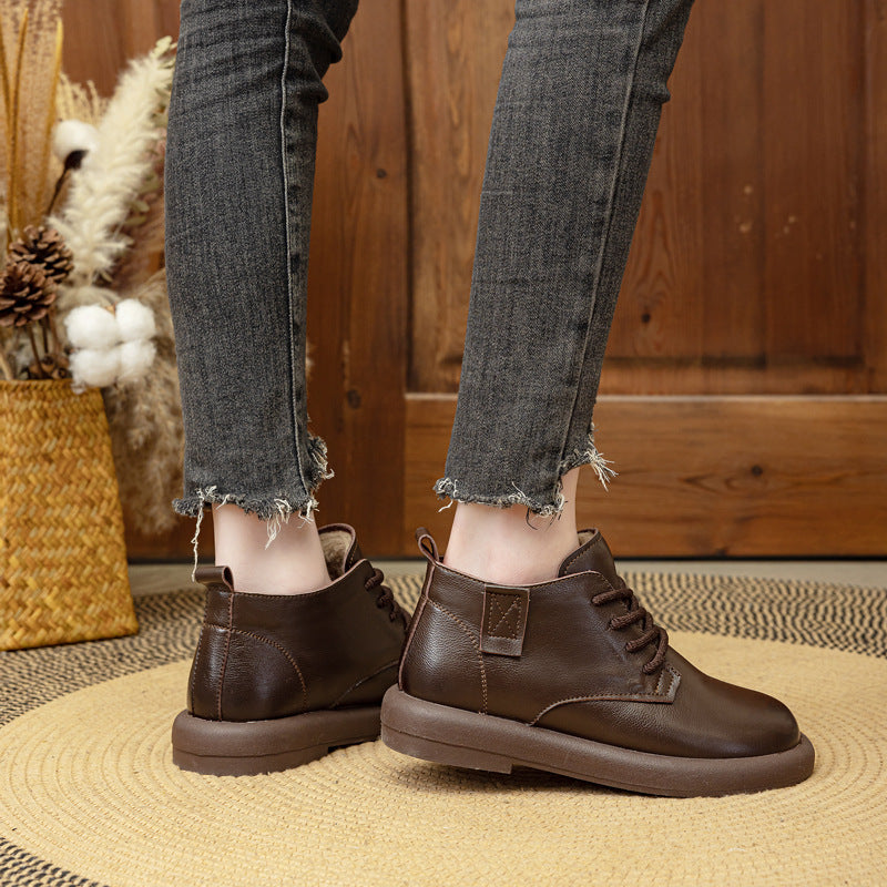 Women's Real Cowhide Flat Ankle Thick Veet Retro Soft Boots