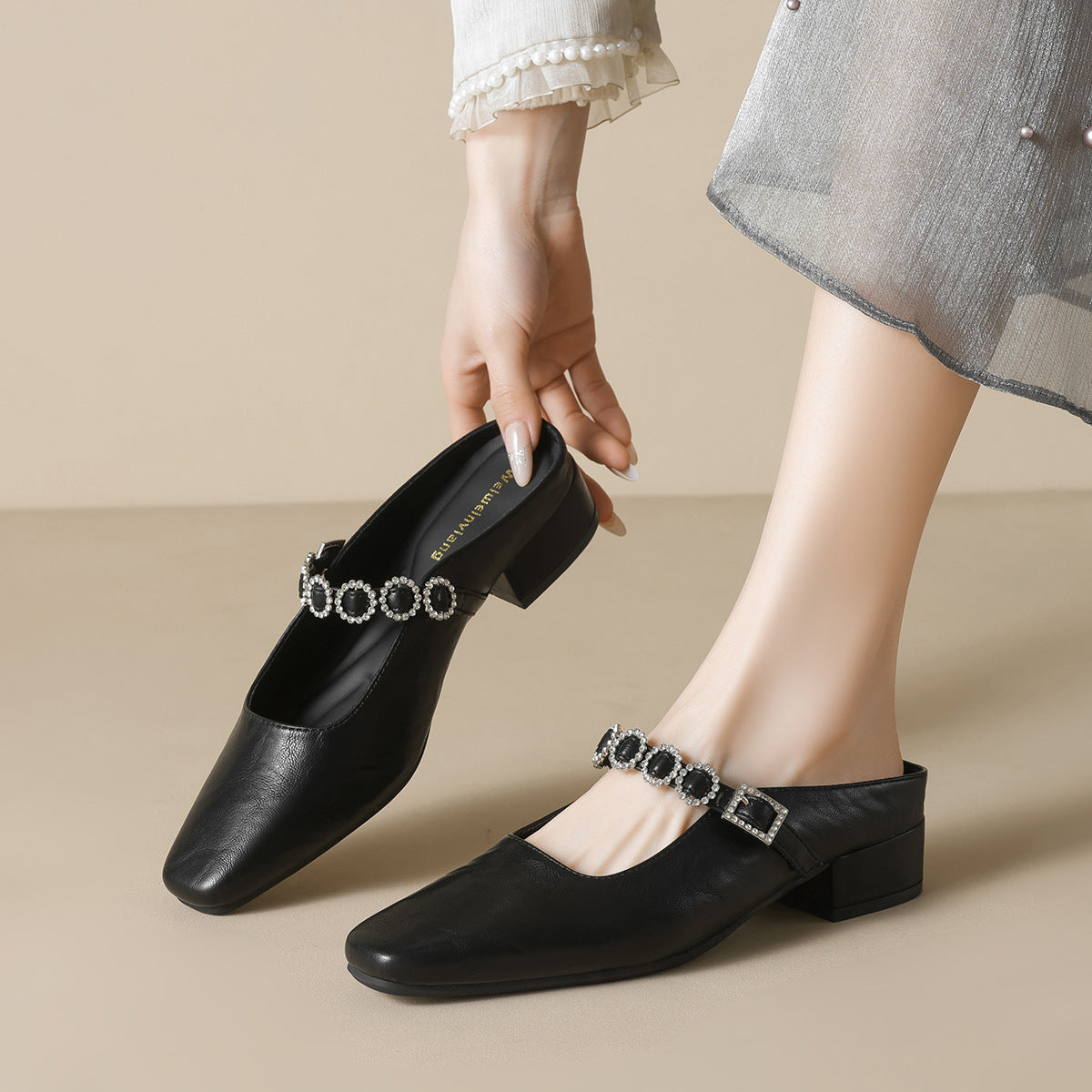 Women's French Style Closed Toe Half Summer Outdoor Rhinestone Slippers