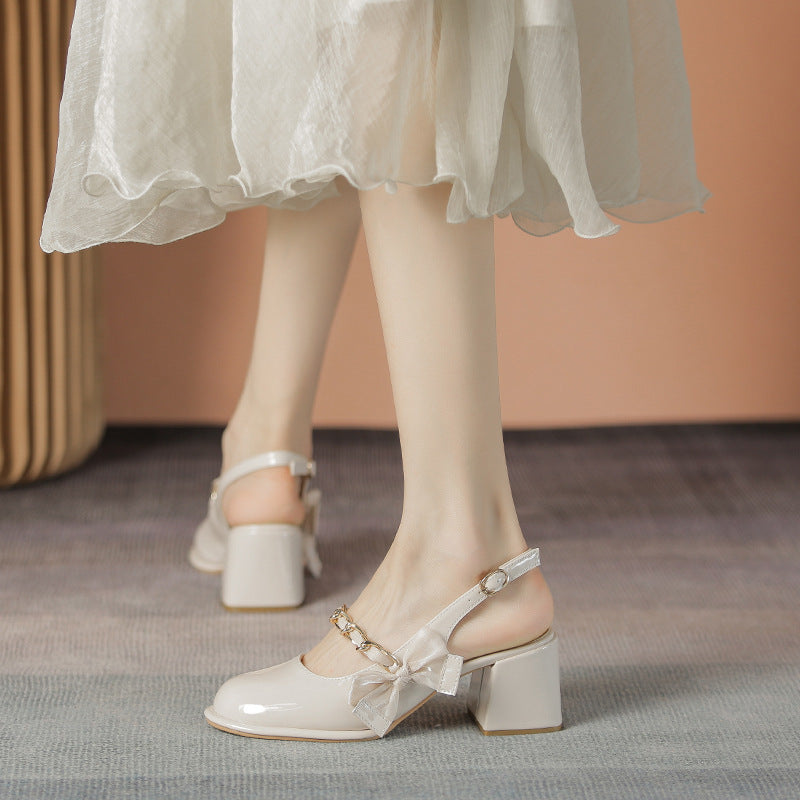 Women's Half Outer Wear Summer French Style Mary Jane Mid Heels