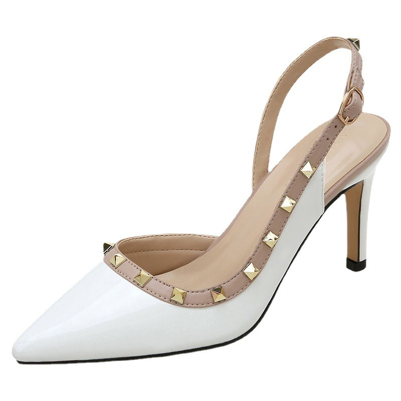 Women's Rivet Buckle High Pointed Toe Stiletto Box Orange Heels