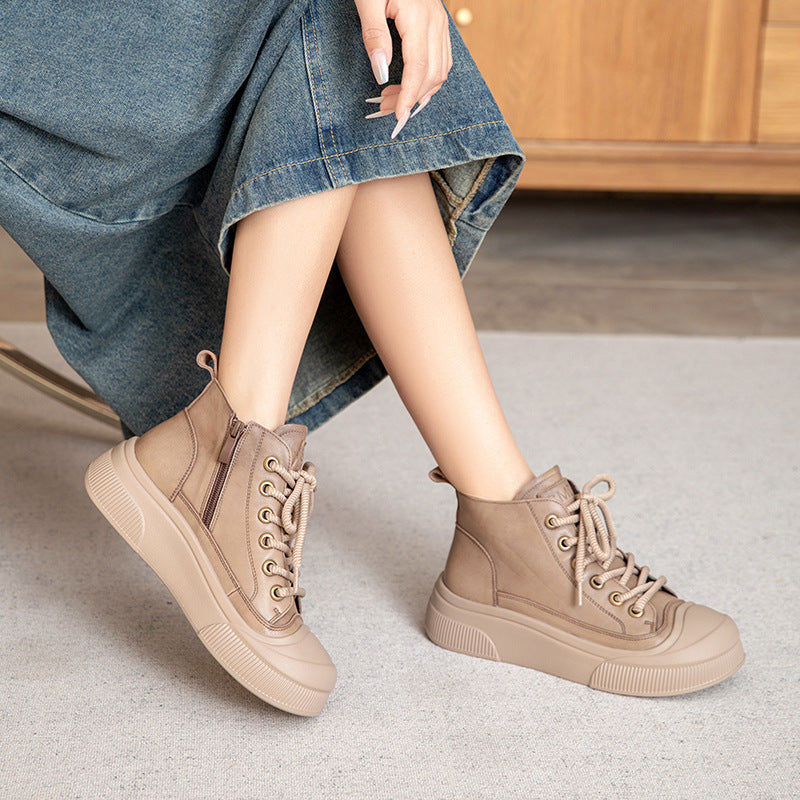Women's Autumn First Layer Cowhide Platform Retro Sneakers