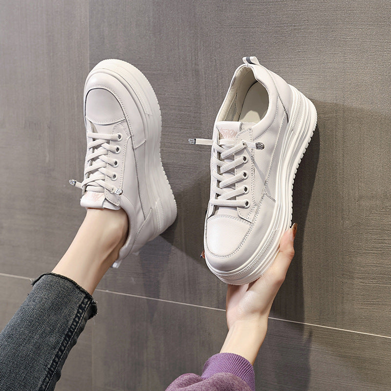 Women's White Spring First Layer Cowhide Thick-soled Casual Shoes