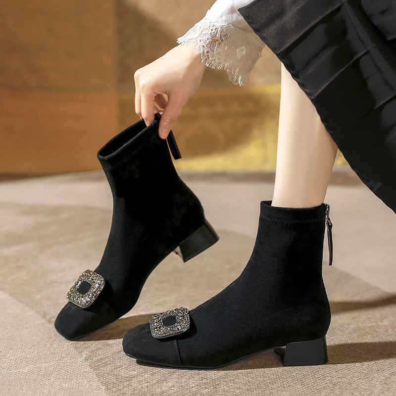 Women's Square Toe Suede Short Thick Middle Boots