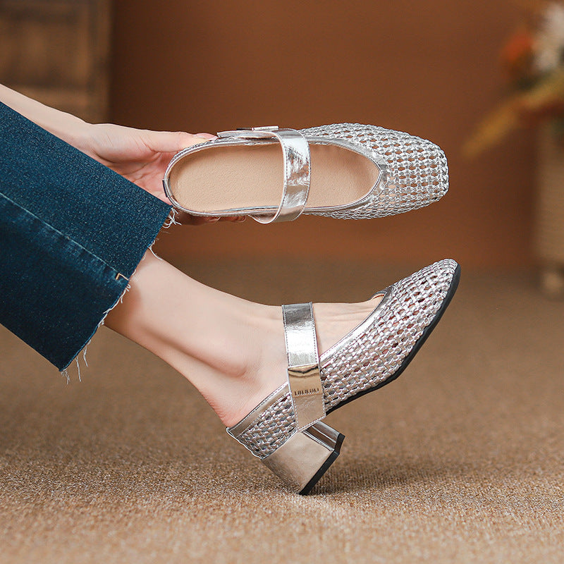 Women's Weaving Hollow Mary Jane Height Increasing Heels