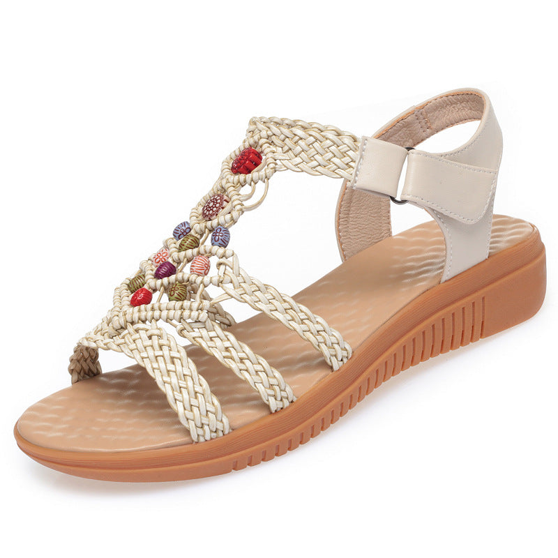 Women's Low Wedge Velcro Bohemian Style Plus Sandals