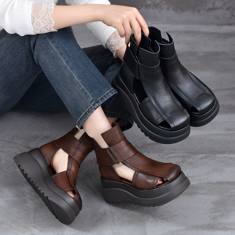 Women's Cowhide Height Increasing British Style Roman Sandals