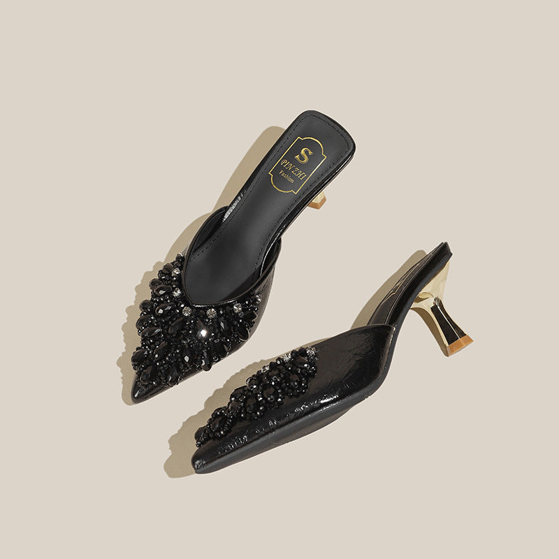 Women's Half Outer Wear Rhinestone Pointed Plus Size High Heels