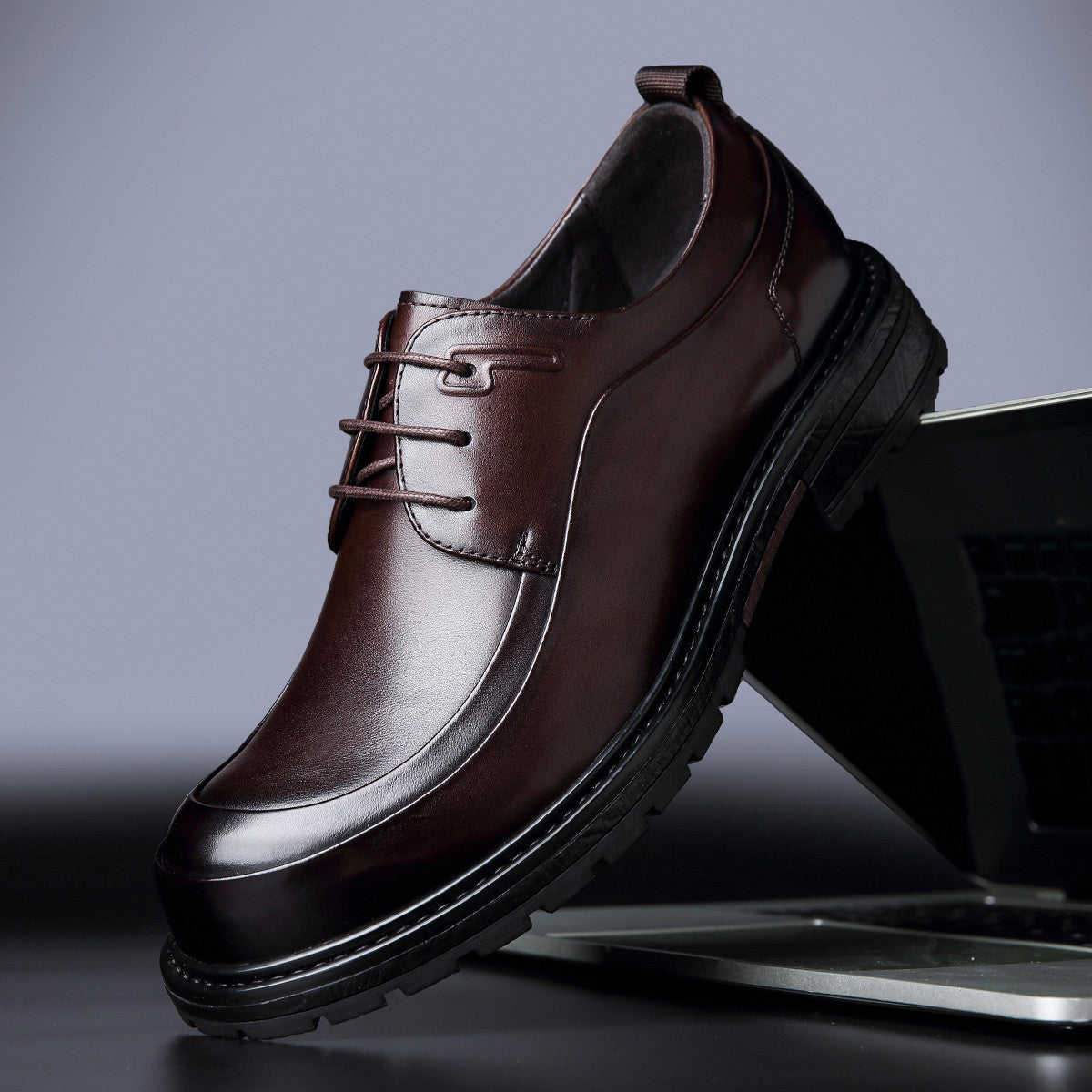 Men's Round Head Suit High Block Plus Leather Shoes
