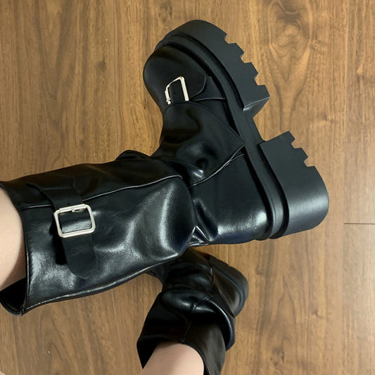 Women's Brown Thick Bottom American Retro Mid Boots