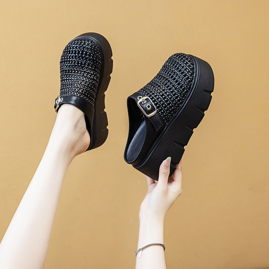 Women's Closed Toe Vintage Weave Half Platform Slippers