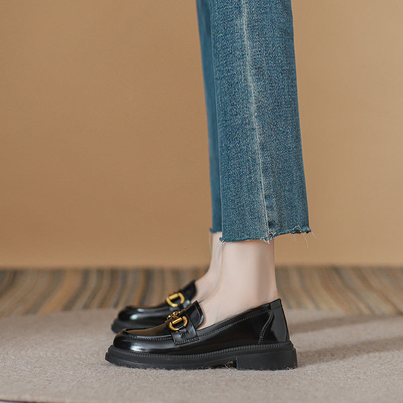 Women's Genuine Black Slip-on Small British Style Loafers