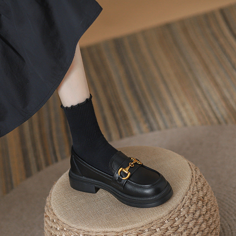 Women's Genuine Black Slip-on Small British Style Loafers