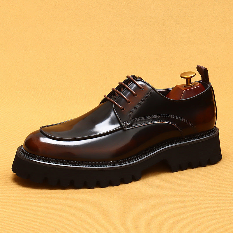 Men's Thick-soled Round Toe Bright Genuine Elevator Men's Business Leather Shoes
