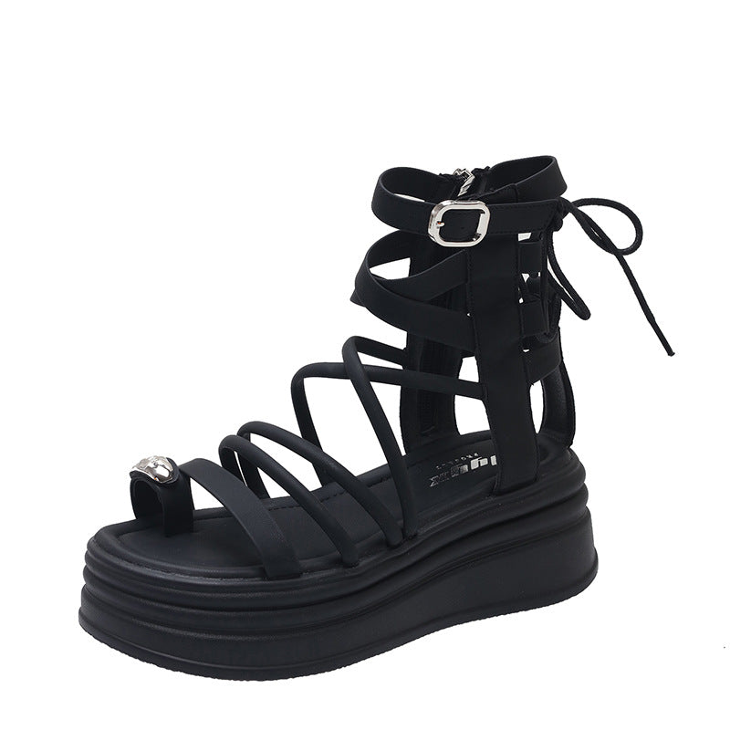 Women's Summer French Style High-grade Black Cross Strap Sandals