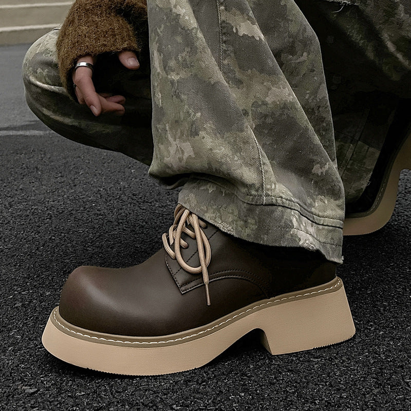 Men's Round Head Leisure Light Thick Bottom Increased Big Leather Shoes