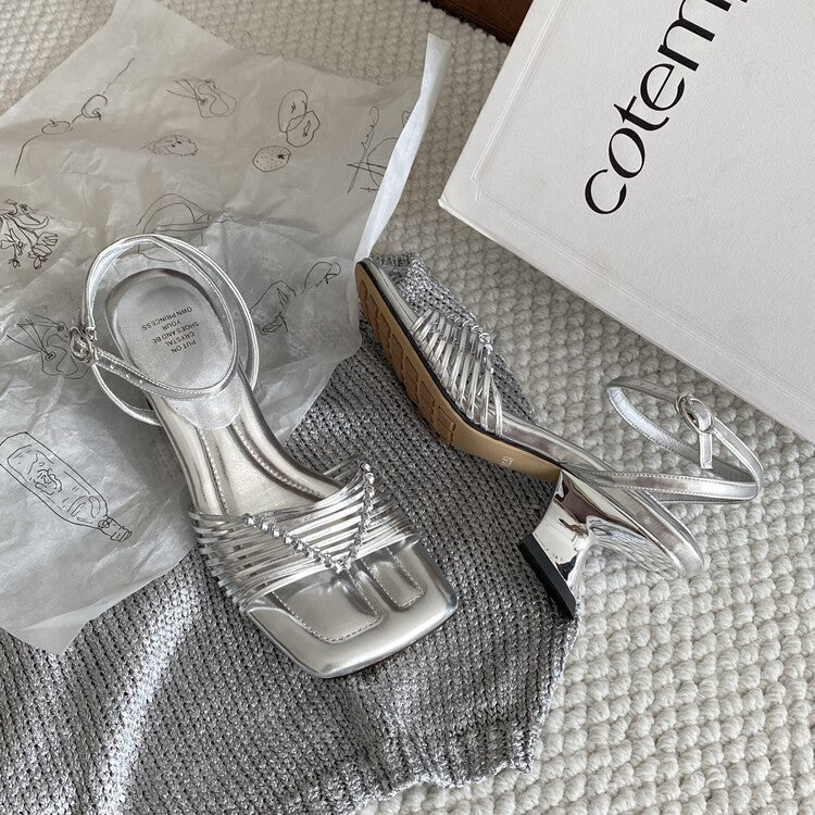 Women's Summer Step On Hand-woven Cowhide With Chunky Square Heels