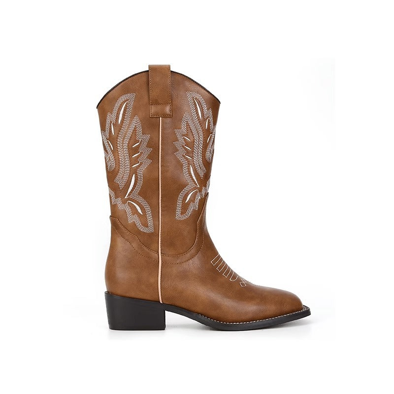 Women's Square Toe Embroidered Chunky V Cut Boots