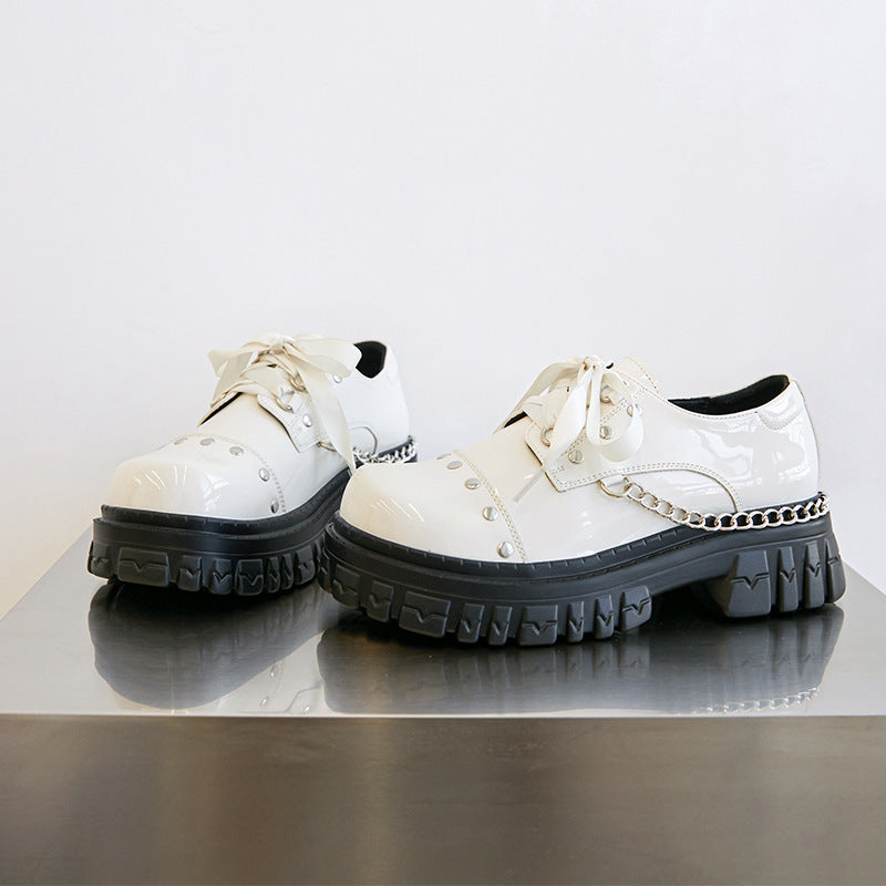 Women's Genuine Platform Fashion Chain Retro Single Leather Shoes