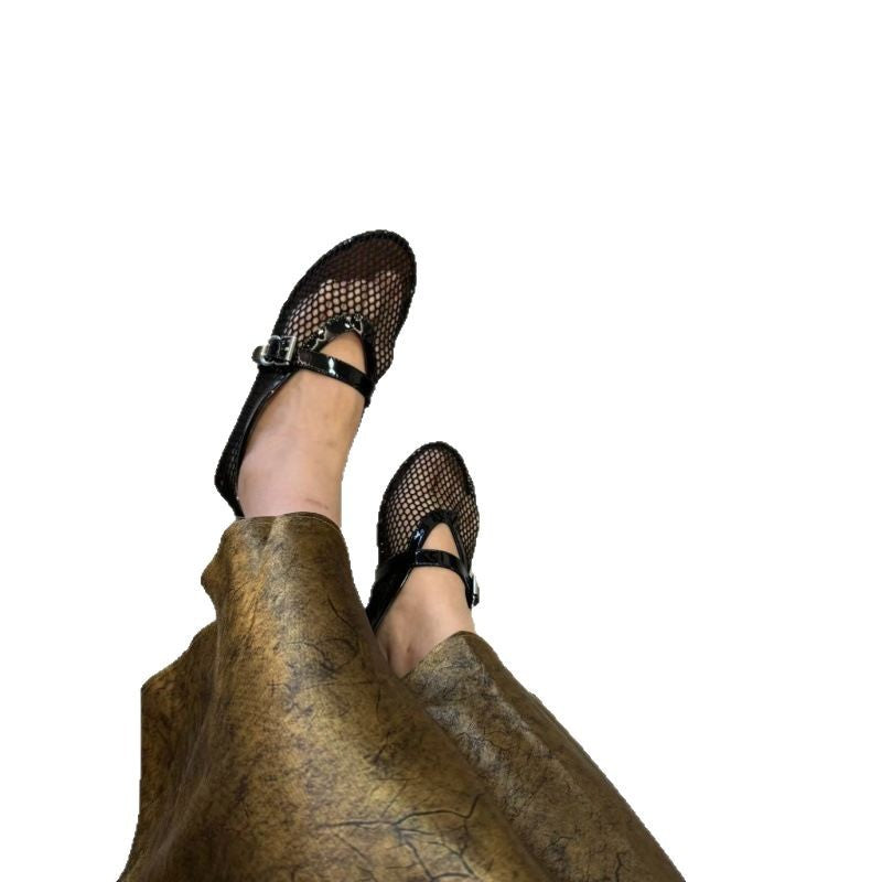 Mesh Buckle Ballet Round Toe Flat Sneakers