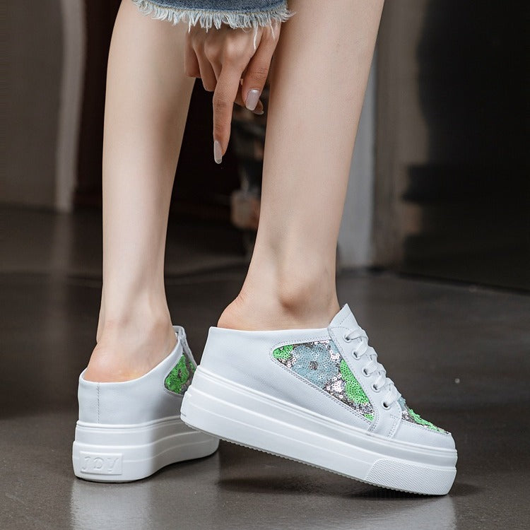Women's Mesh Sequin Platform Closed Toe Lazy Small Slippers