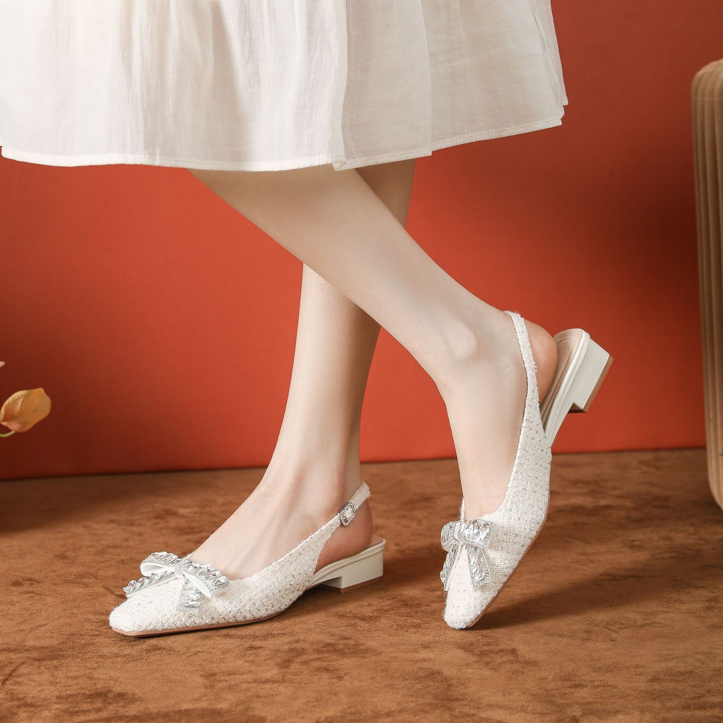 Women's French Style Bow Rhinestone Low Chunky Square Heels