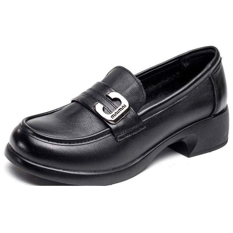 Spring British Deep Mouth Chunky Round Leather Shoes