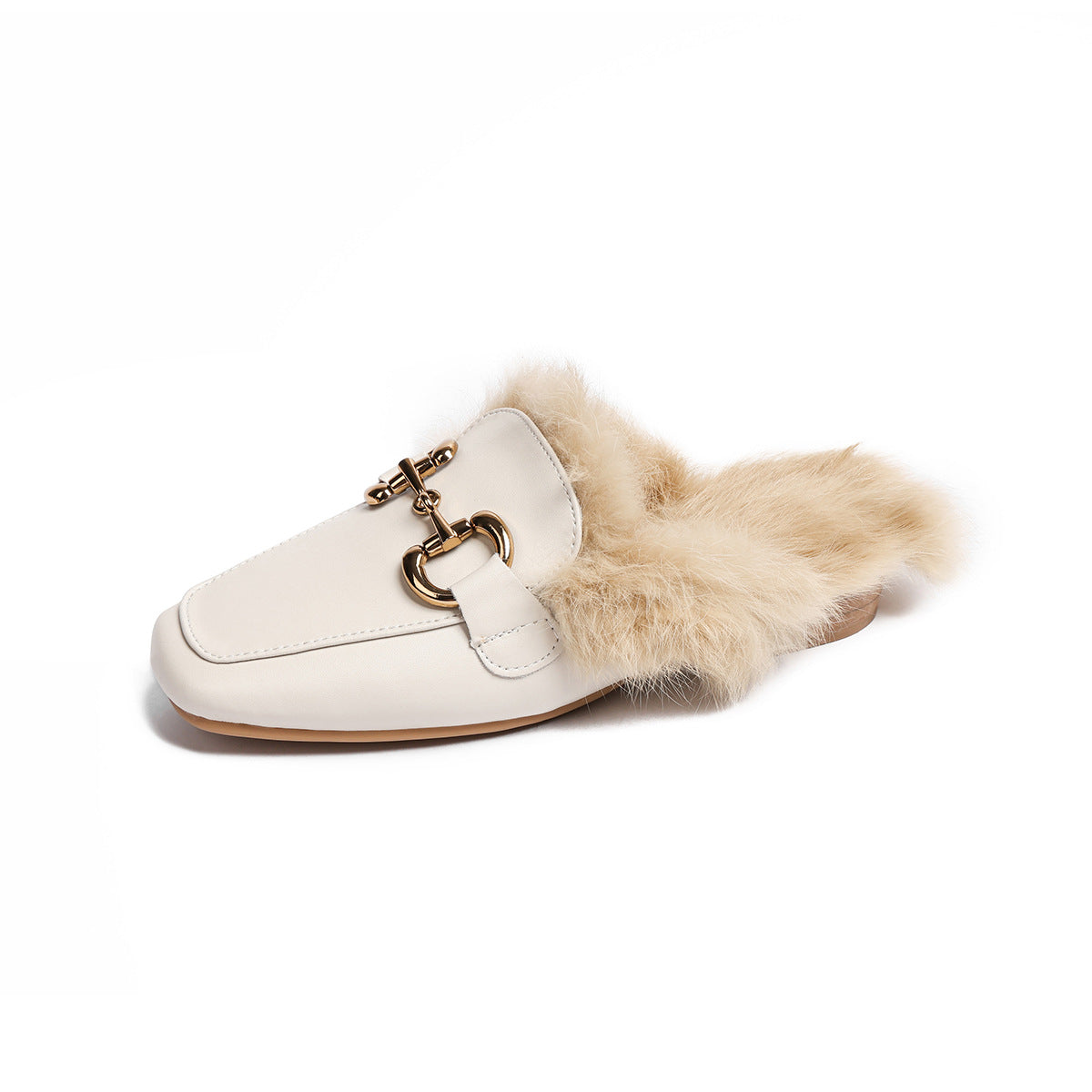 Women's Woolen Outer Wear Rabbit Fur Mules Flat Toe Box Sandals