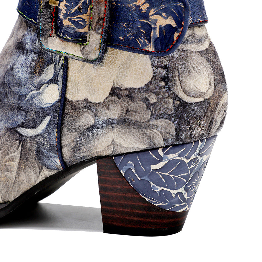 Women's Painting Landscape Pattern Printed Belt Buckle Boots