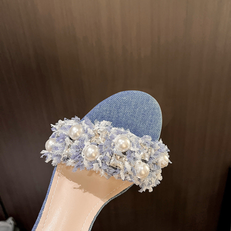 Summer Pearl Stiletto Round Toe Open Heels