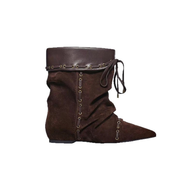 Women's Version Niche Pleated Pointed Western Cowboy Short Wide Boots
