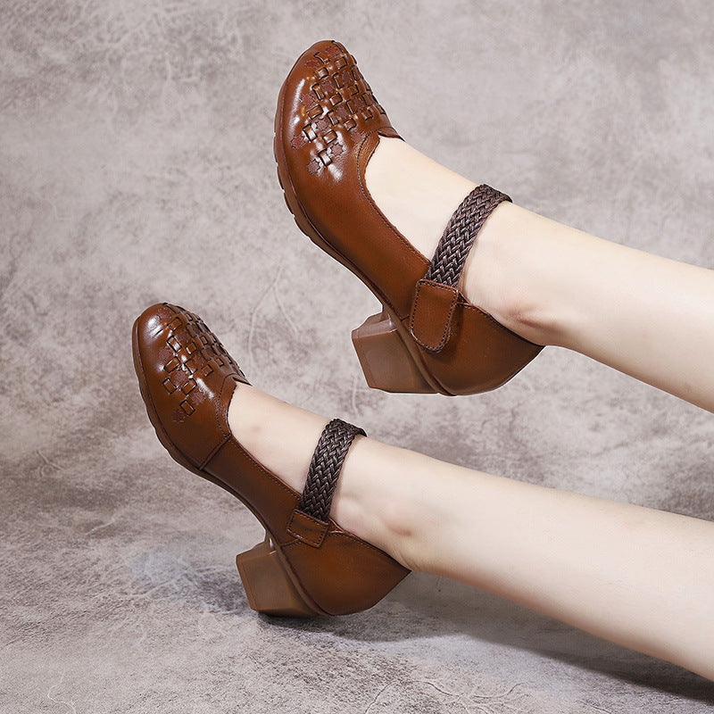Women's Layer Cowhide Thick Mid Velcro Woven Round Head Brushed Casual Shoes