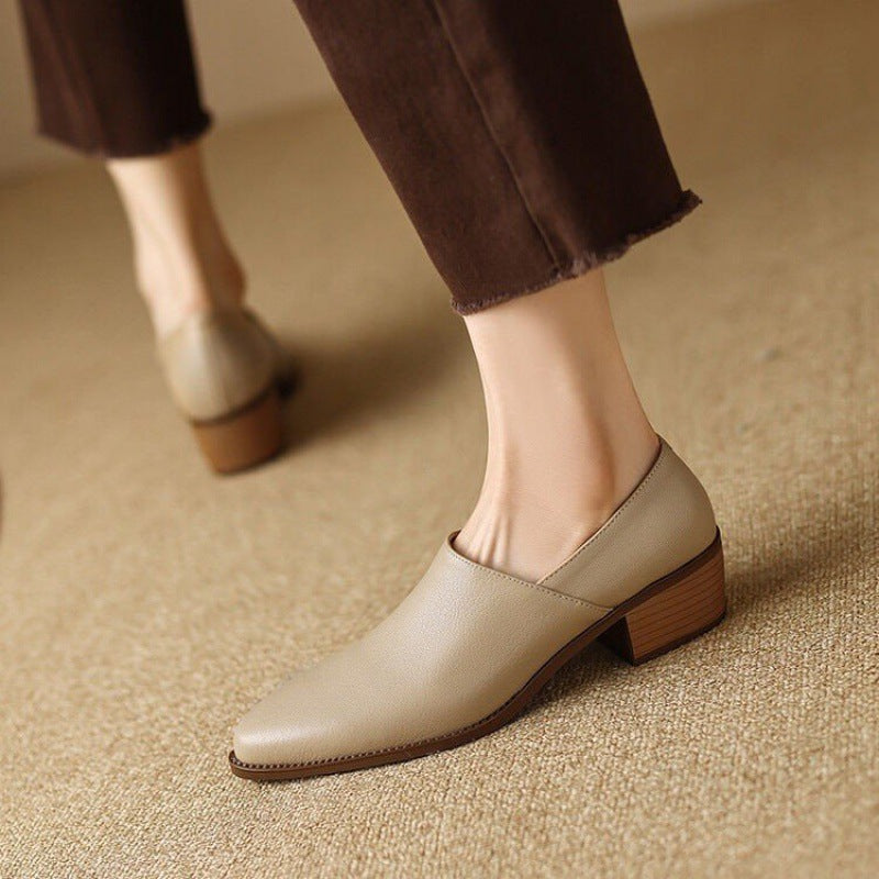 Women's Small Comfortable Root Wild Fashion Solid Color Leather Shoes