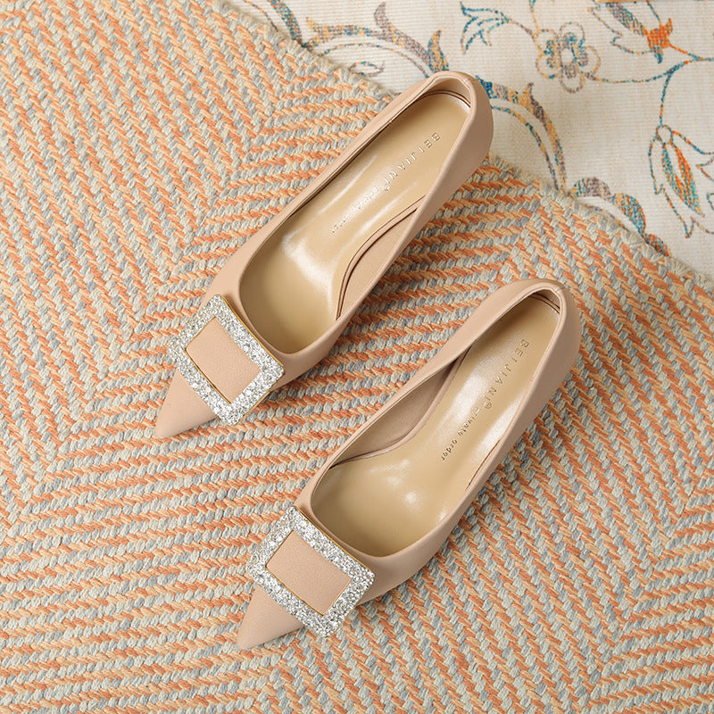 Women's Rhinestone Square Buckle High Pointed Stiletto Women's Shoes