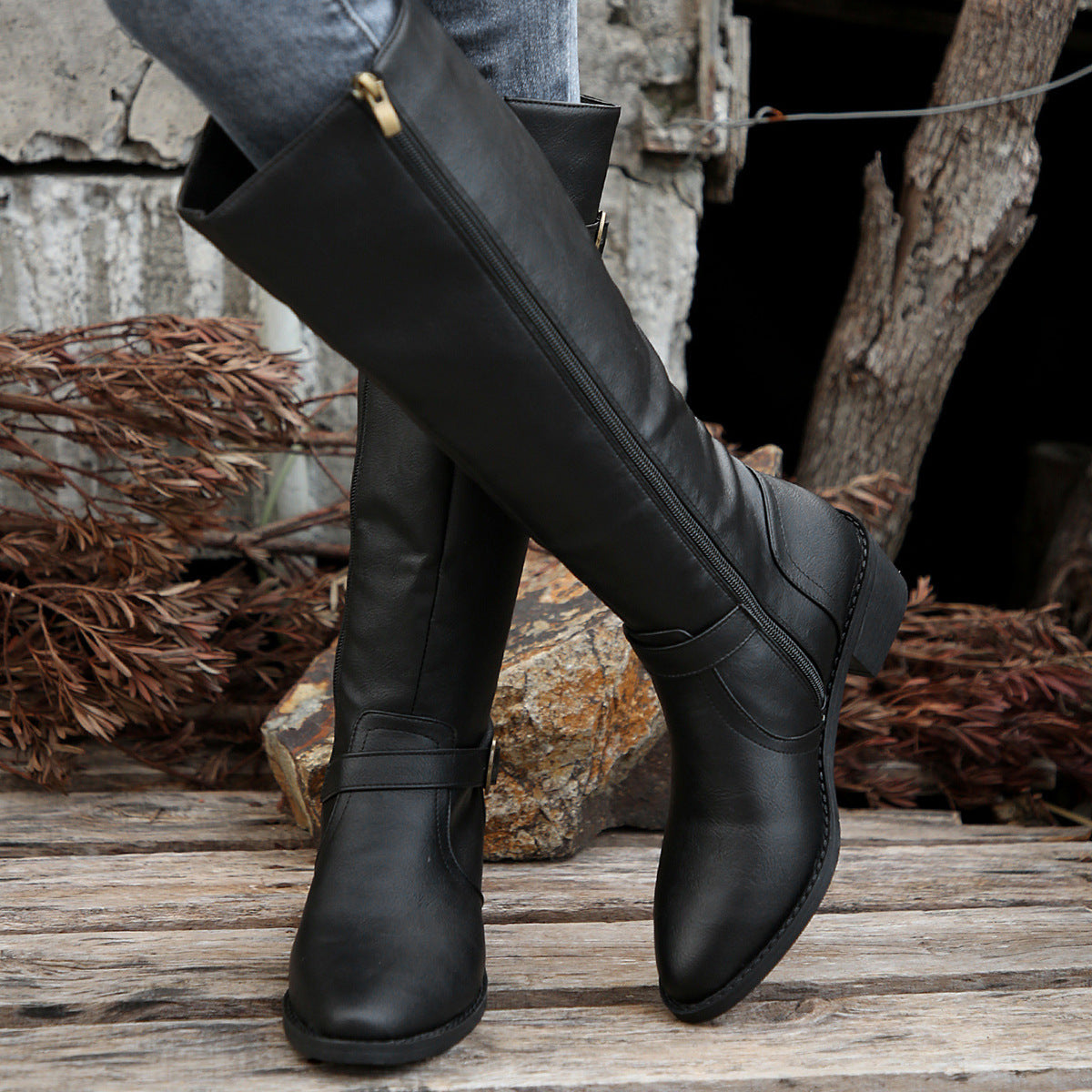 Women's Square Tall Knight Belt Buckle Solid Boots