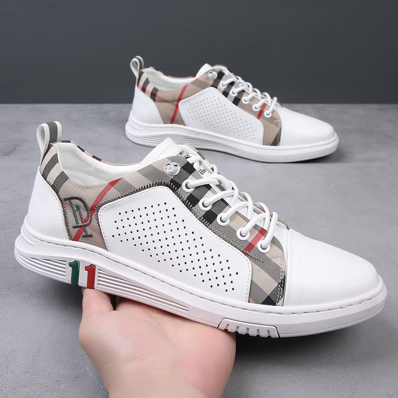 Men's White Trendy British Summer Breathable Hole Leather Shoes