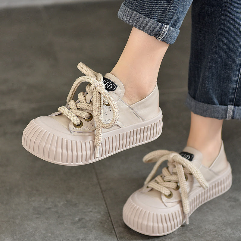 Women's Genuine Pumps Thick Bottom Platform Lace Up Round Casual Shoes